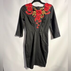 VfEmage Black Dress with Red Floral Accents